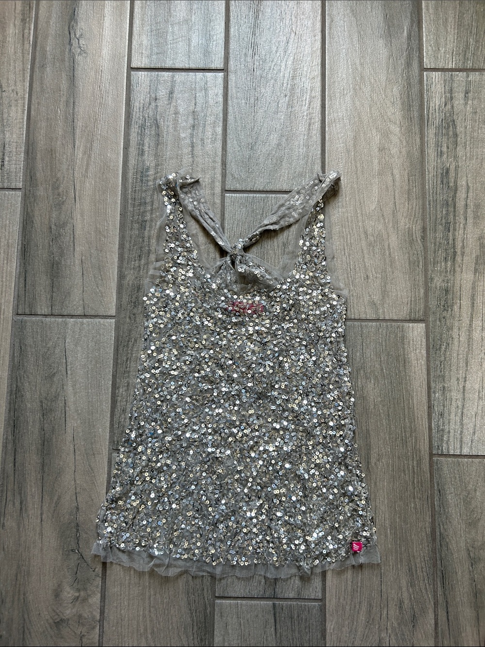 Sequin Embellished Grey Tank Top with Tie-Back